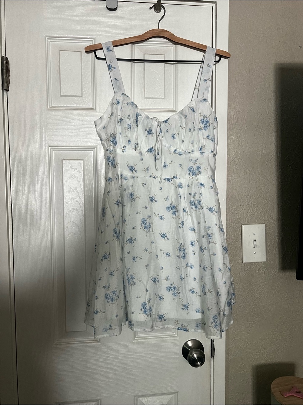 White Mini Dress with Light Blue Floral Print - Women's Summer Dress
